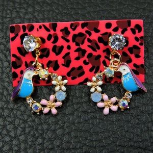 Wild Life Blue Bird & Flowers, AB Crystal Earring